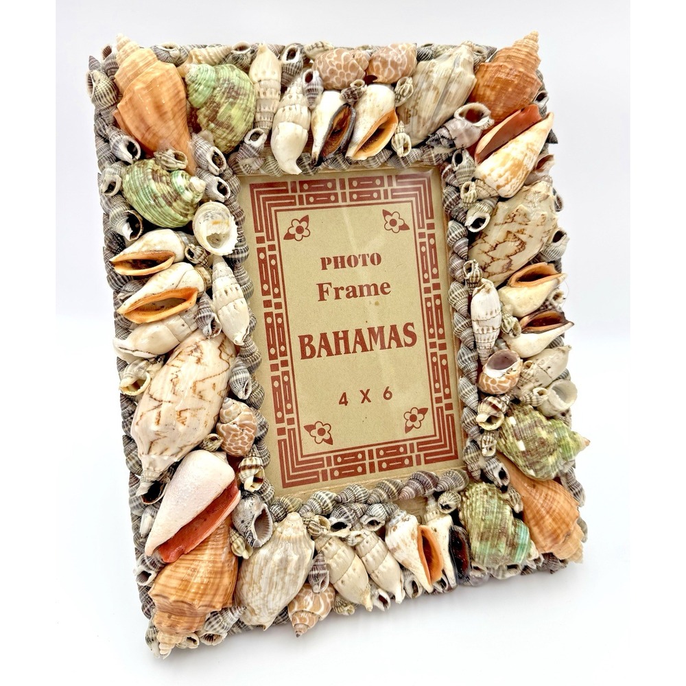 Vintage Bahamas Seashell Photo Frame 4x6 Real Shell Coastal Beach MCM Kitsch 70s